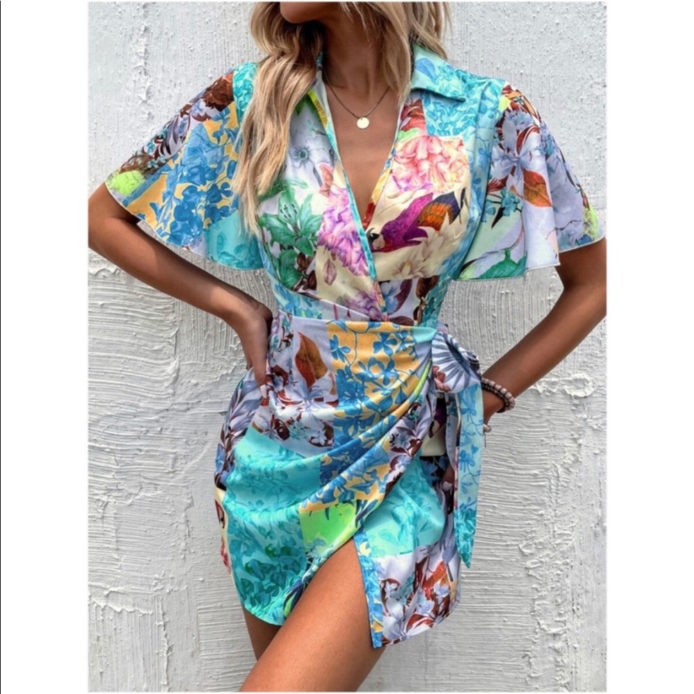Boho Floral Tropical Butterfly Wrap Mini Dress - Picture 6 of 12